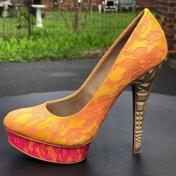 RACHEL ROY KEEDAN Orange Yellow Pink Lace Platform Pump Stiletto Heels Size 6 - Picture 3 of 16